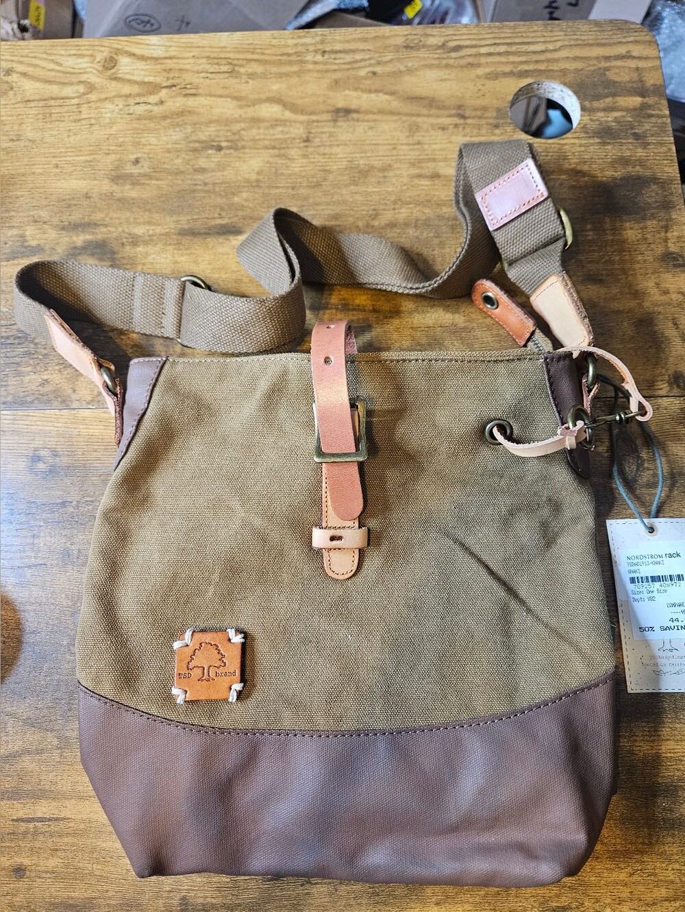 TSD BRAND Redwood Canvas Leather Crossbody Bag Khaki Brown 11x11x3.5 NWT